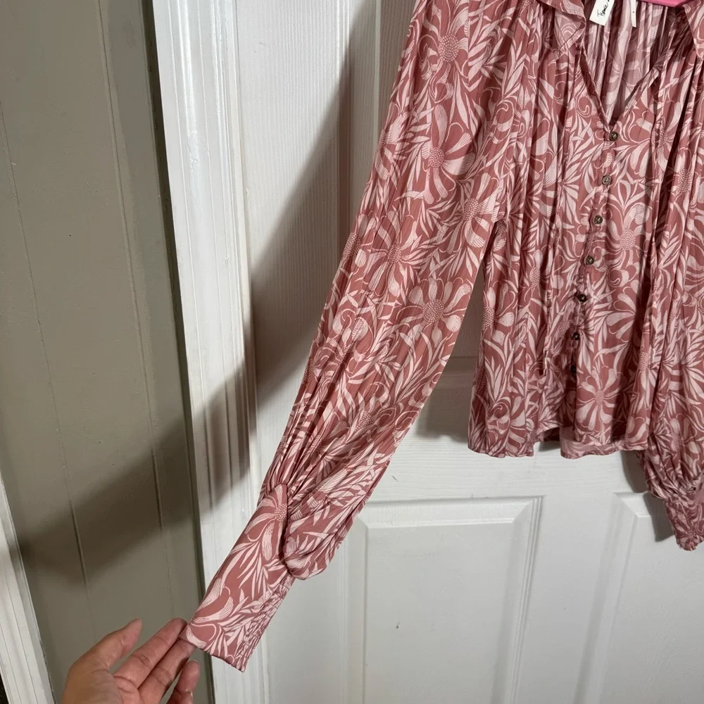 Anthropologie Pink Floral Boho Blouse Size SM Ruffle Tie Neck Peasant - Picture 10 of 13